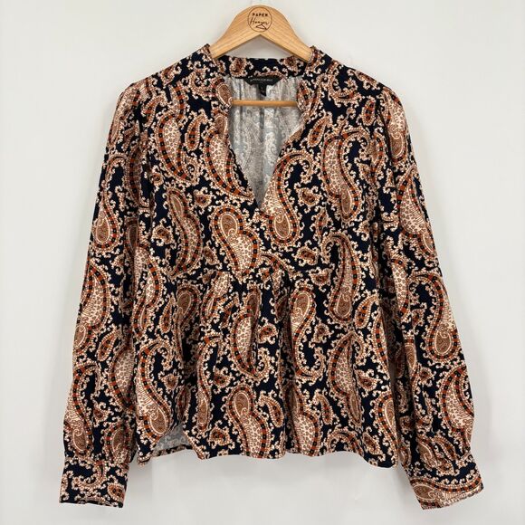 Banana Republic Paisley Mini Corduroy Top, Sz Large, Long Sleeve Babydoll Office - Picture 1 of 11